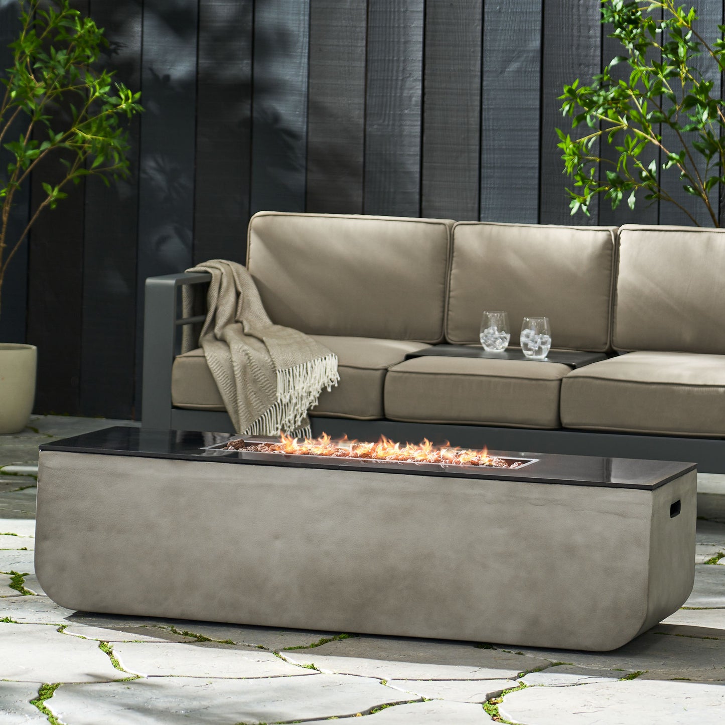 Rectangle Concrete Fire Pit Table, 50,000 BTU, Light Gray and Black (56" W x 20" H x 15" D)