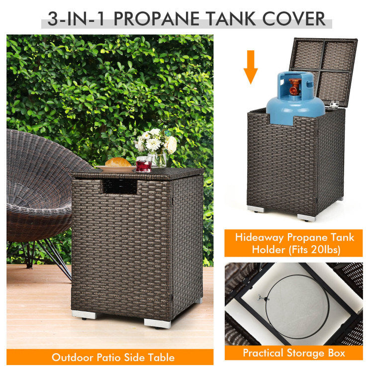 Propane Rattan Fire Pit Table Set with Side Table Tank, 40,000 BTU, Brown (32" W x 20" D x 16" H)