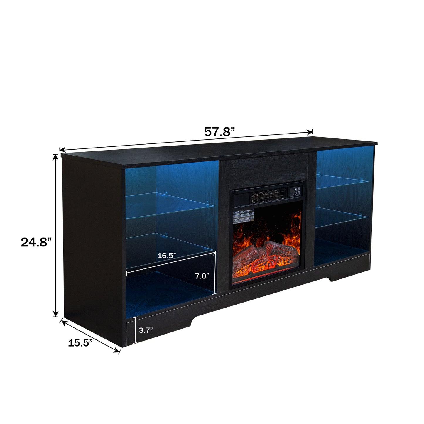 58" Electric Fireplace Center with 18 Inch Electric Fireplace Heater for TVs up to 62 Inches, Adjustable Glass Shelves and Storage Cabinets, Black