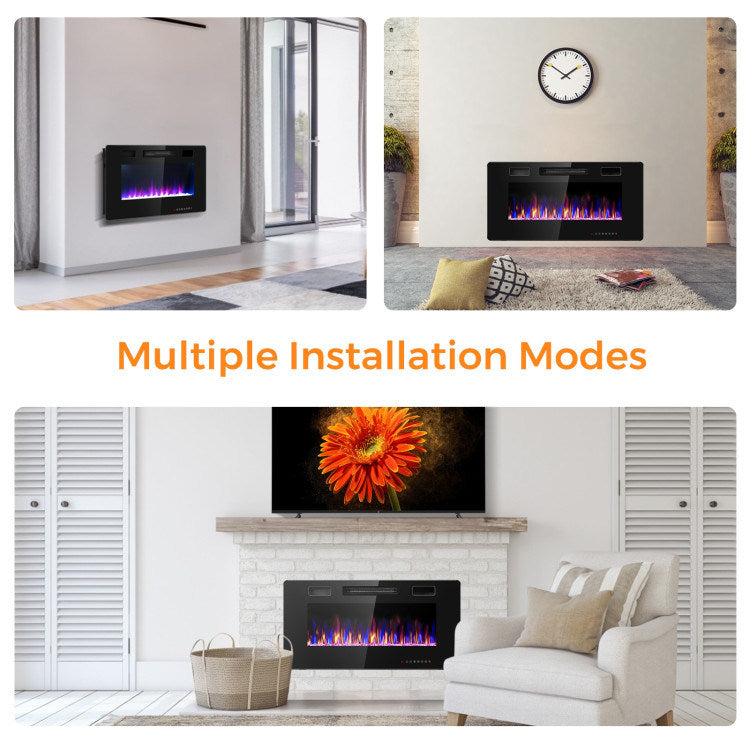 36" Ultra Thin Wall Mounted Electric Fireplace, 750W/1500W, Black