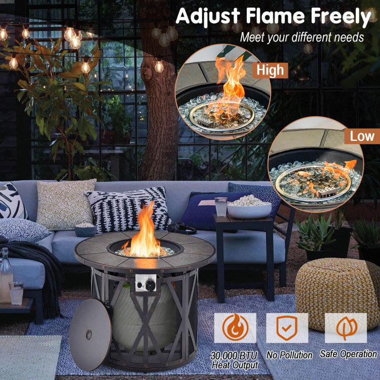 32" 30,000 BTU Round Fire Pit Table with Fire Glass and Ceramic Tile Top