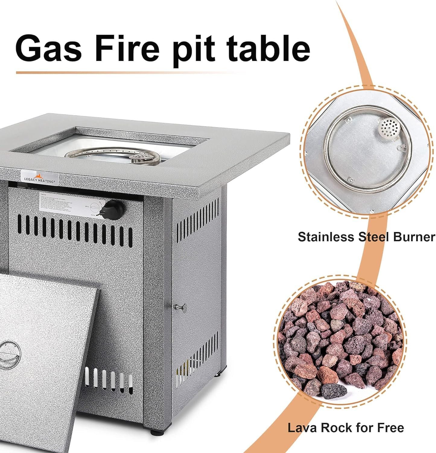 Silver, Propane Square Fire Pit Table for Gatherings, 50,000 BTU (28L x 28W x 24H)