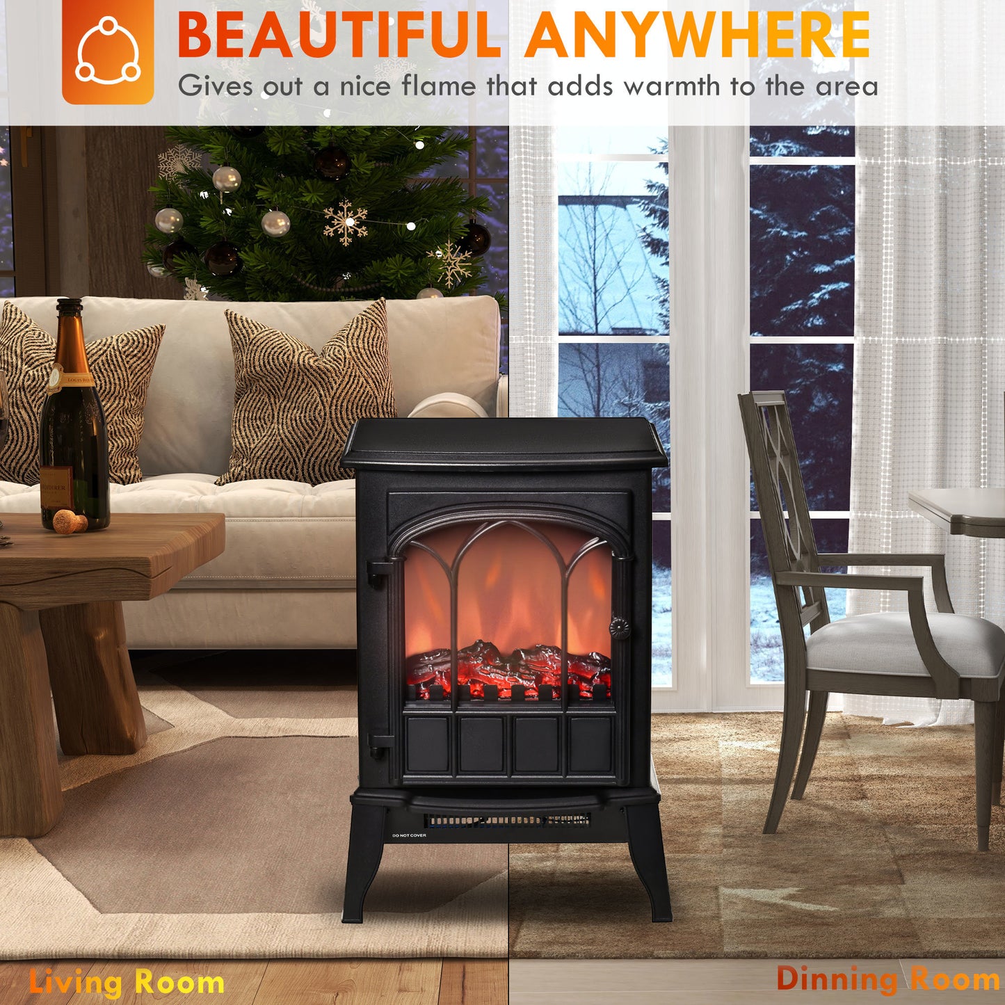 22" Electric Fireplace Stove, Freestanding Heater with Realistic Logs and LED Flame, Adjustable Temperature, Overheat Protection, 750W/1500W, Black