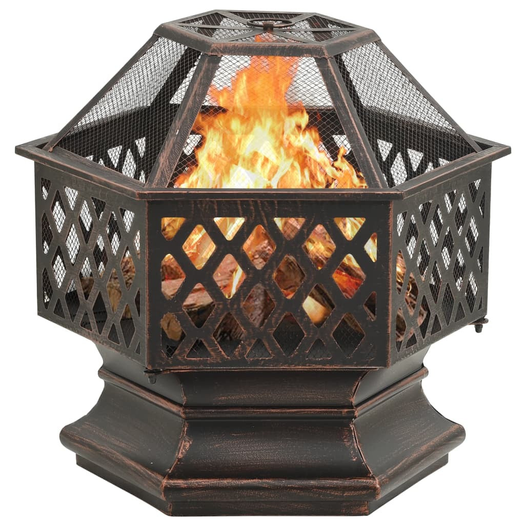 24.4" Rustic Fire Pit with Poker XXL Steel (24.4" x 21.3" x 22"), Black/Brown