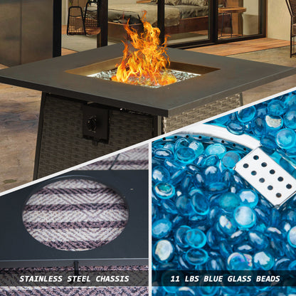 Square Propane Fire Pit Table with Blue Glass Rocks, 50,000 BTU, Wicker, Dark Gray (31.89" x 31.89" x 24.41")