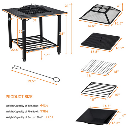 4-in-1 Multifunctional Black, Square Fire Pit Table with Adjustable Grill Grate (31" x 31" x 31")