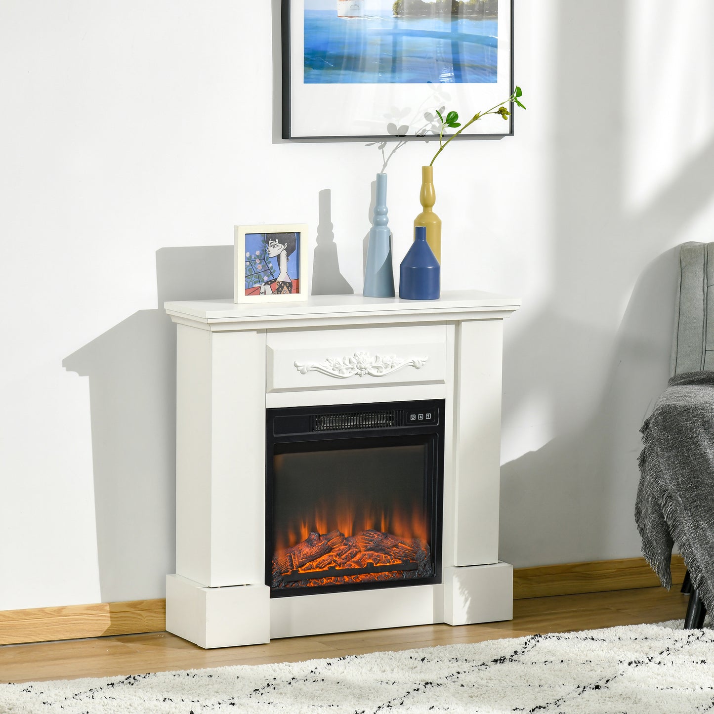 32" Electric Fireplace with Mantel, Freestanding Heater, White