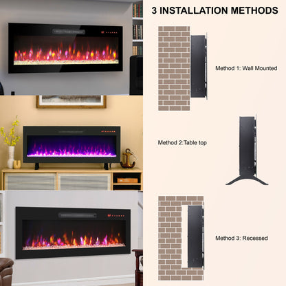 36" Recessed Ultra Thin Wall Mounted Electric Fireplace with Remote, Multi-Color Flame & Ember bed, LED Light Heater