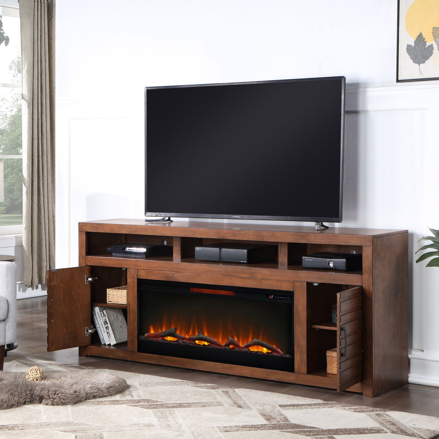 Sausalito 78" Electric Fireplace Center for TVs up to 95 inches, Whiskey Finish