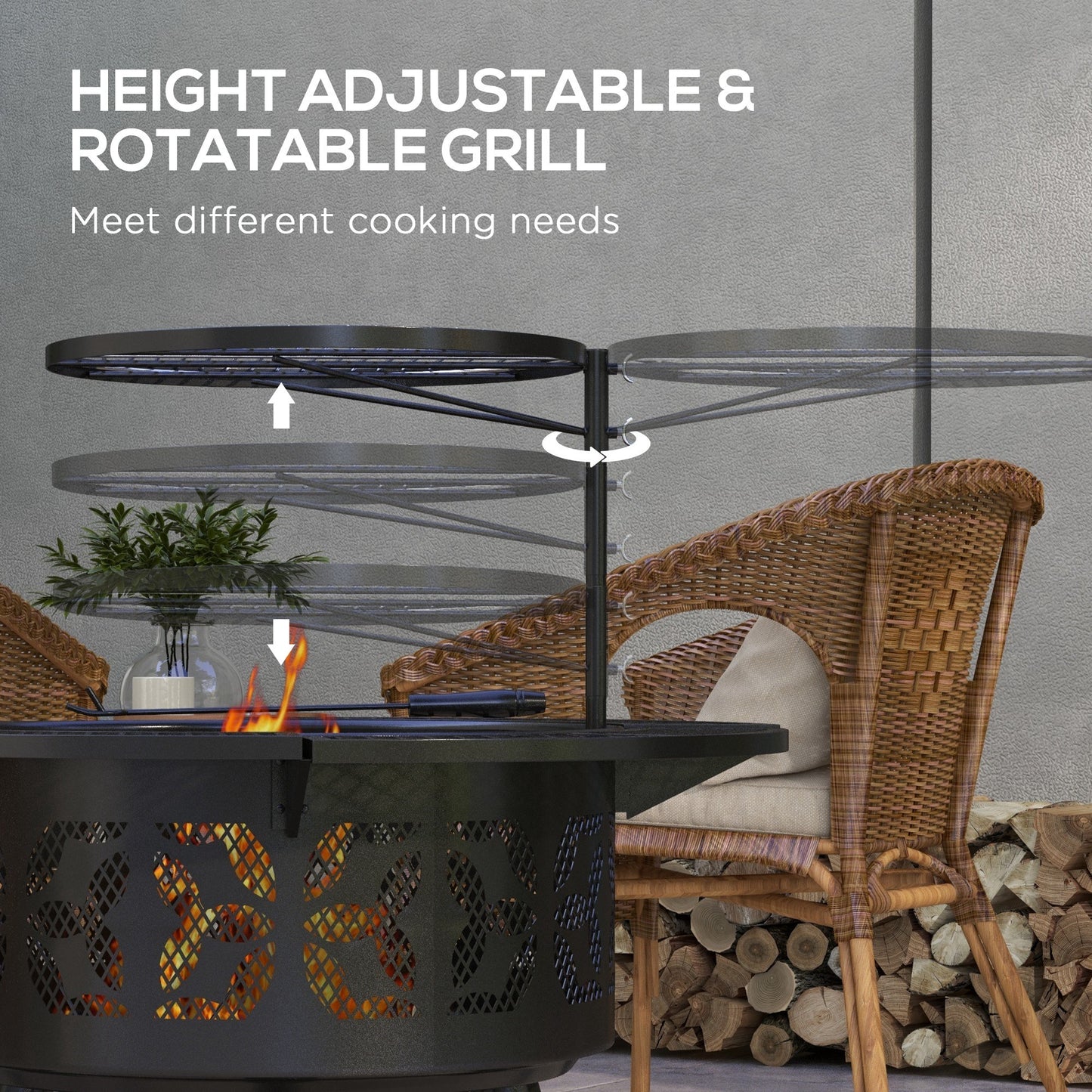 33" Multifunctional Cooking Fire Pit with Adjustable Grill Grate, Black