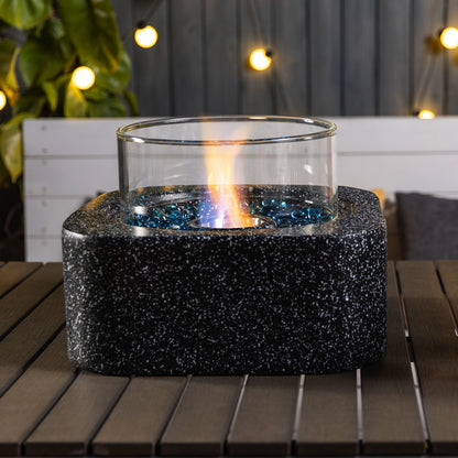 Tabletop Fire Pit with Glass Wind Guard, Bioethanol Fireplace, (16.3" x 16.3" x 11"), Black