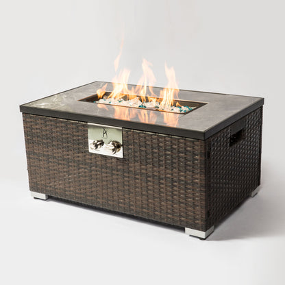 Outdoor Fire Table Propane Fire Pit, Rattan, Ceramic Tile Top (32" x 20" x 15")