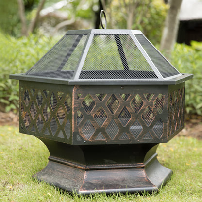 24.4" Black Iron Fire Pit with Grill for Outdoor Cooking