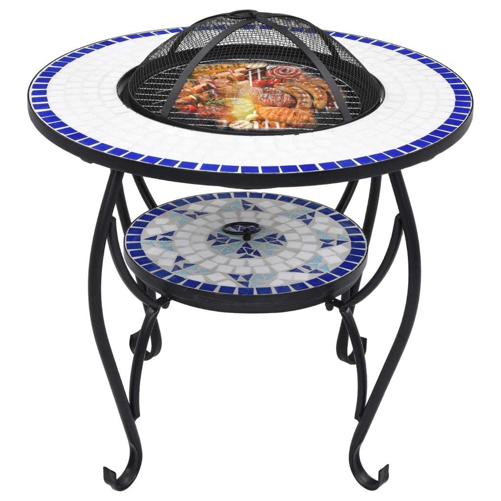 26.8" Blue and White Round Mosaic Fire Pit Table with Ceramic Top, Steel Bowl