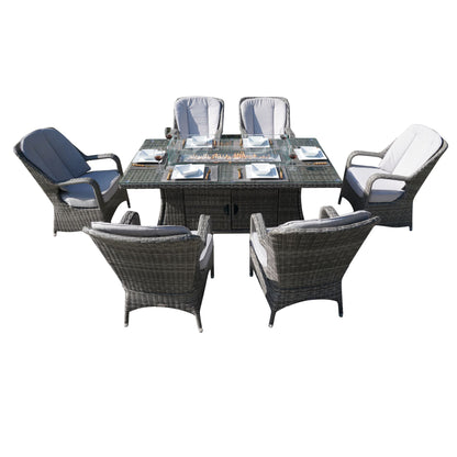 7-Piece Wicker Gas Fire Pit Set with Rectangular Table & Arm Chairs