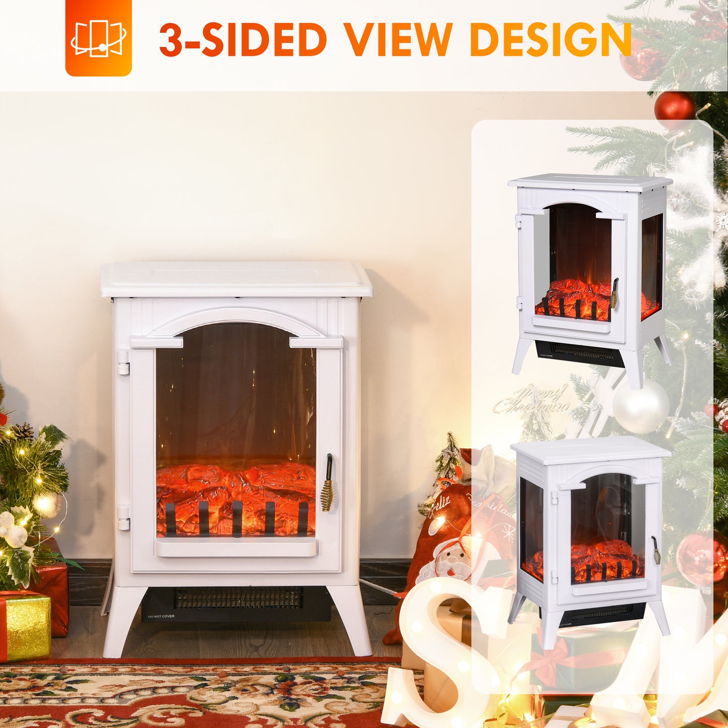 23" Electric Fireplace Heater, Fire Place Stove with Realistic LED Flames and Logs, Overheating Protection, 750W/1500W, White