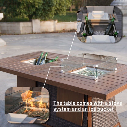 7 Piece Patio Gas Firepit and Ice Container Rectangle Dining Set with 6 Standard Height Chairs