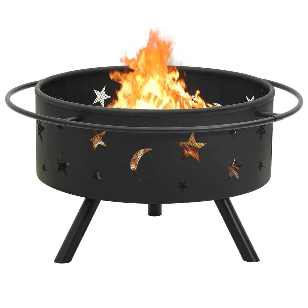 29.9" Moon & Stars XXL Steel Fire Pit with Poker, (29.9" x 29.9" x 20.9"), Black