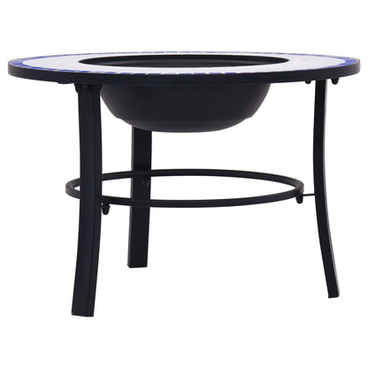 26.8" Blue and White Round Mosaic Fire Pit Table with Ceramic Top, Steel Bowl