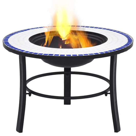 26.8" Blue and White Round Mosaic Fire Pit Table with Ceramic Top, Steel Bowl