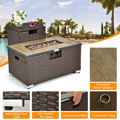 Propane Rattan Fire Pit Table Set with Side Table Tank, 40,000 BTU, Brown (32" W x 20" D x 16" H)