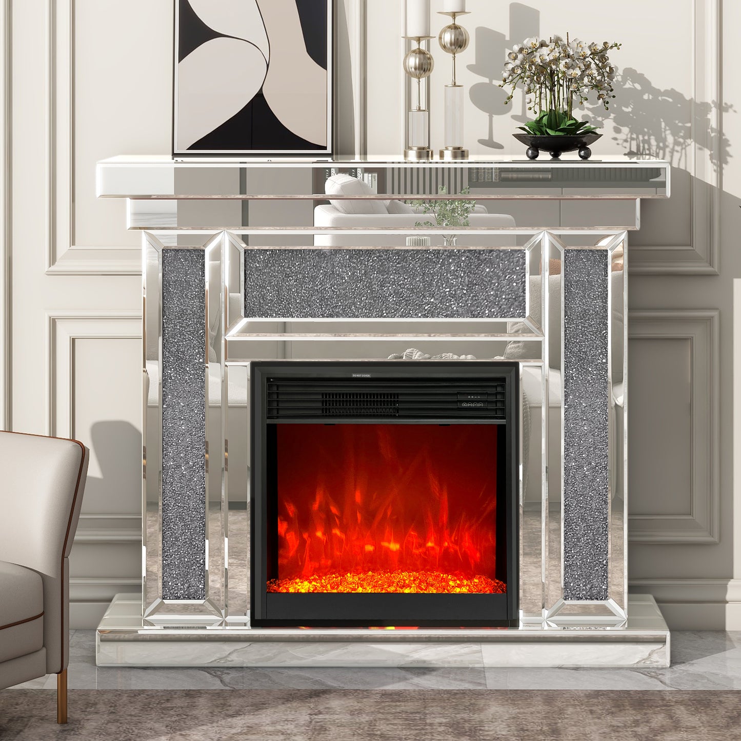 47" Mirrored Electric Fireplace with 7 Colors Adjustable 3D Flame, Mantel, and Remote Control, Silver