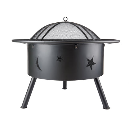 24" Black Iron Fire Pit with Moons and Stars Cutout Design & Cooking Grate