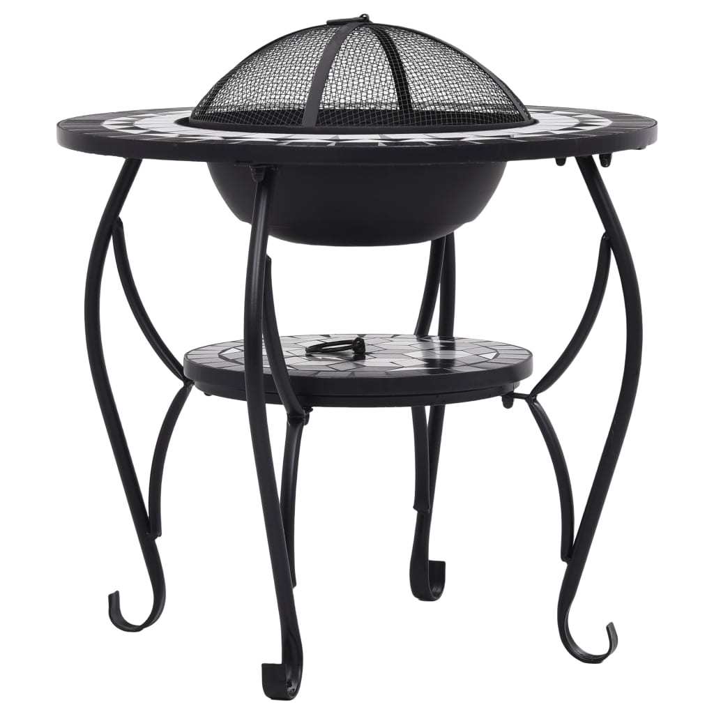 26.8" Black and White Round Mosaic Fire Pit Table with Ceramic Top, Steel Bowl