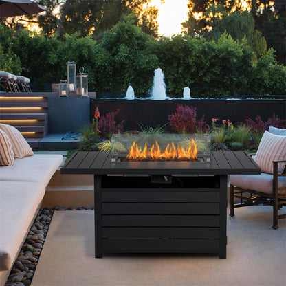 Rectangle Outdoor Aluminum Glass Windbreak Fire Pit Table, Black (54.5" x 32" x 26.5")