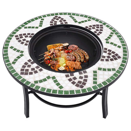 26.8" Green Mosaic Round Fire Pit Table with Ceramic Top, Steel Bowl