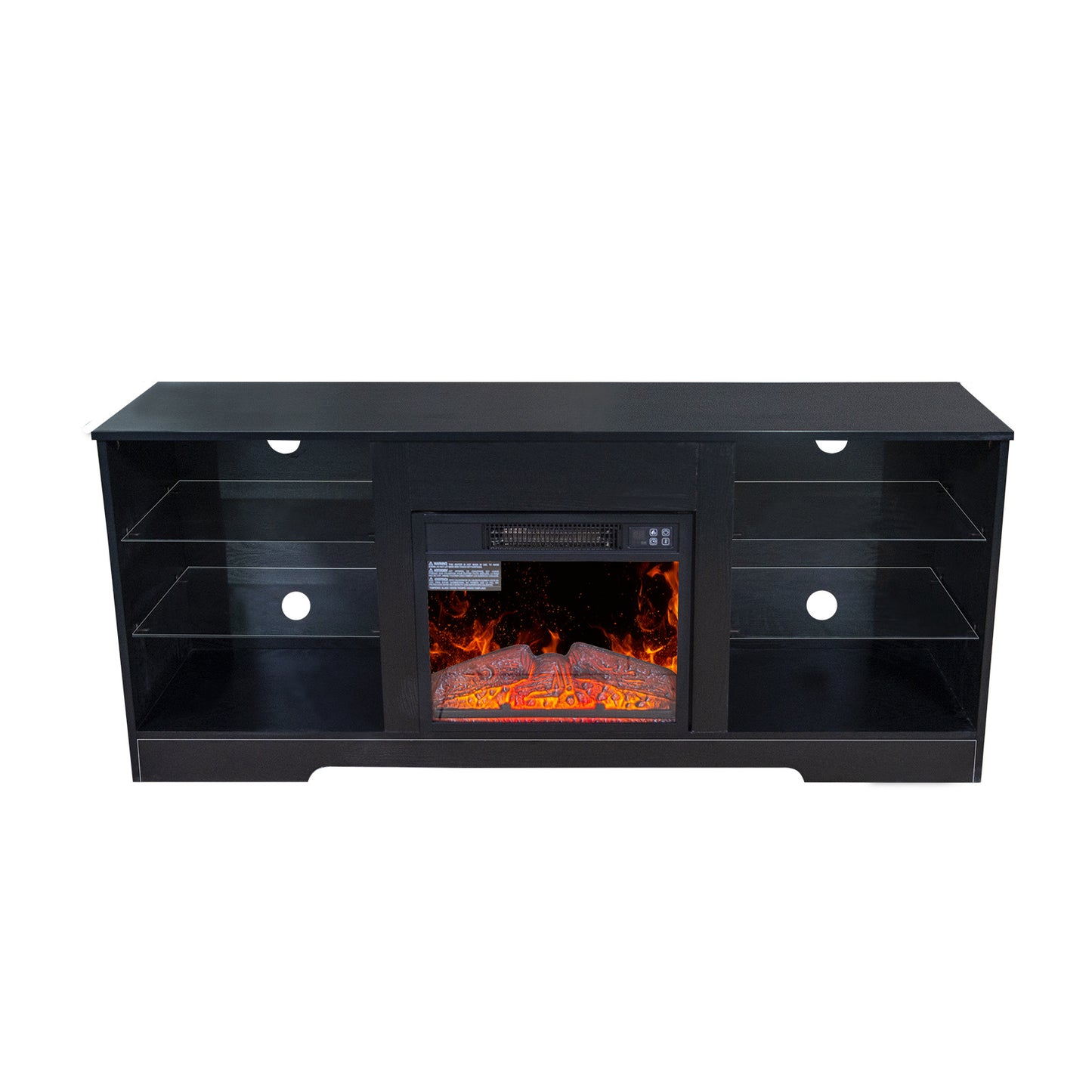 58" Electric Fireplace Center with 18 Inch Electric Fireplace Heater for TVs up to 62 Inches, Adjustable Glass Shelves and Storage Cabinets, Black