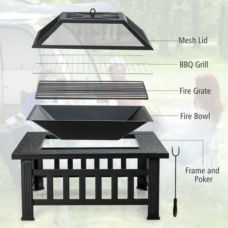 3 in 1 Outdoor Square Fire Pit Table with BBQ Grill and Rain Cover for Camping (32" x 32" x 19.5")