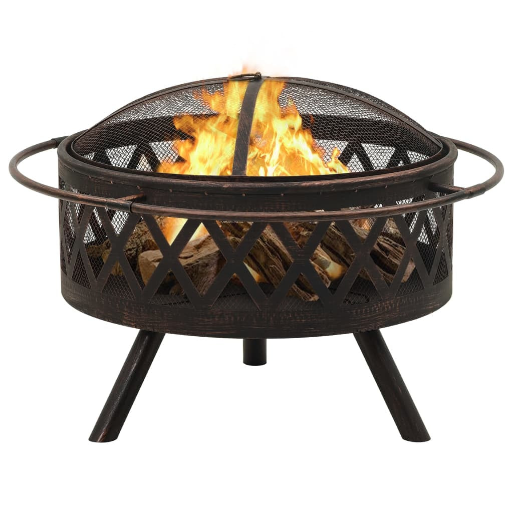 29.9" Rustic Fire Pit with Poker XXL Steel (29.9" x 29.9" x 20.9"), Black/Brown