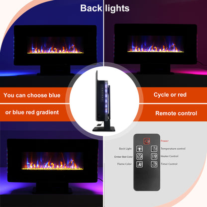 36" Curved Front Electric Fireplace, Freestanding or Wall Mounted with Adjustable Flame Color & Remote Control