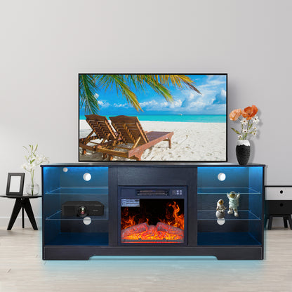 58" Electric Fireplace Center with 18 Inch Electric Fireplace Heater for TVs up to 62 Inches, Adjustable Glass Shelves and Storage Cabinets, Black