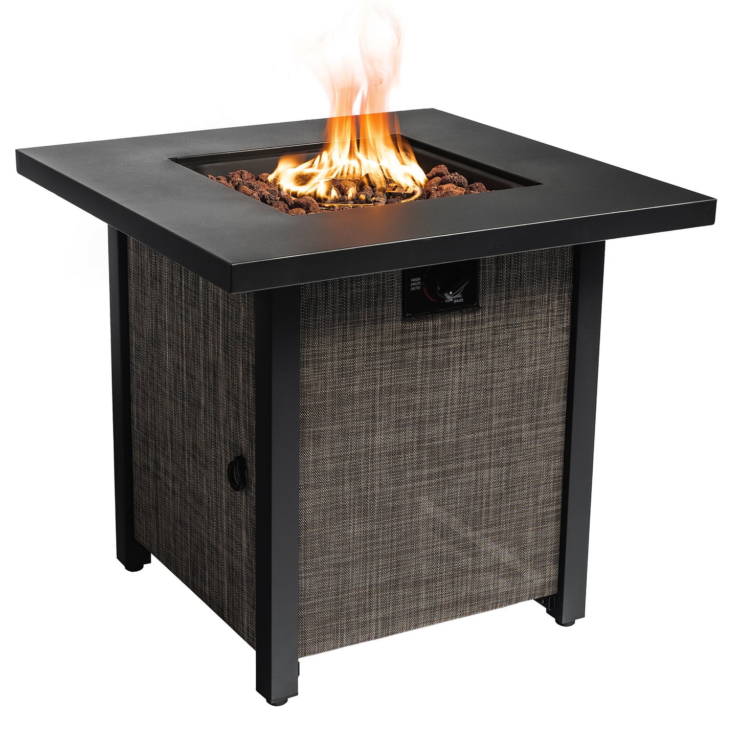 Square Propane Fire Pit Table with Textilene Side Panel, Steel Lid and Rocks, 40,000 BTU (28" x 28" x 24.8")