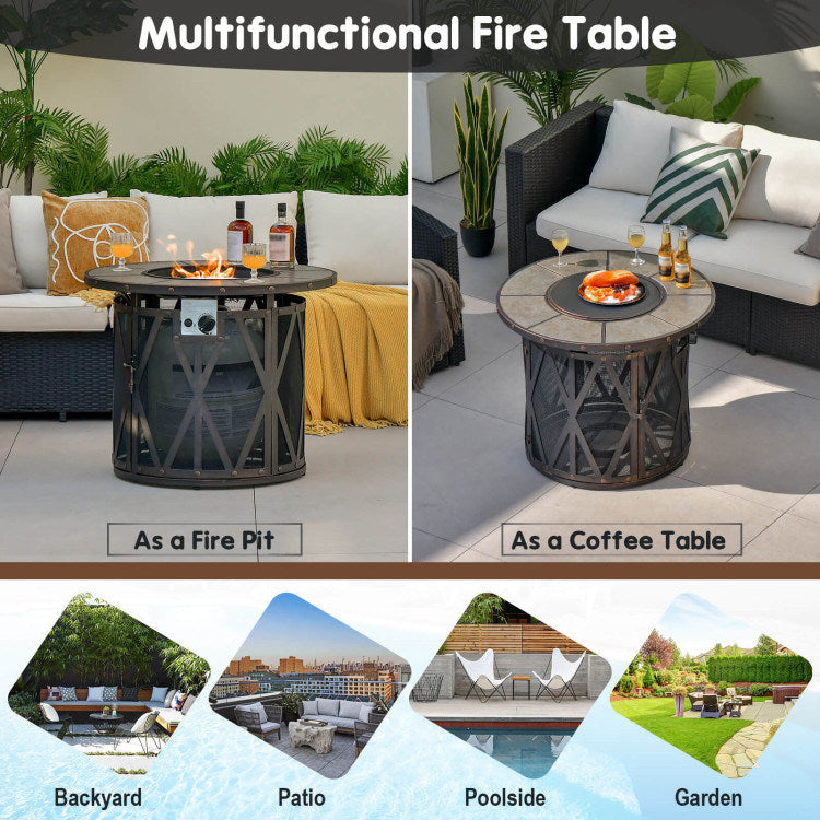 32" 30,000 BTU Round Fire Pit Table with Fire Glass and Ceramic Tile Top