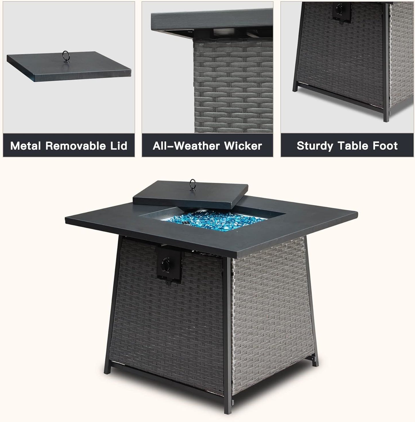 Square Propane Fire Pit Table with Blue Glass Rocks, 50,000 BTU, Wicker, Dark Gray (31.89" x 31.89" x 24.41")