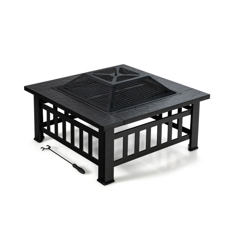 3 in 1 Outdoor Square Fire Pit Table with BBQ Grill and Rain Cover for Camping (32" x 32" x 19.5")