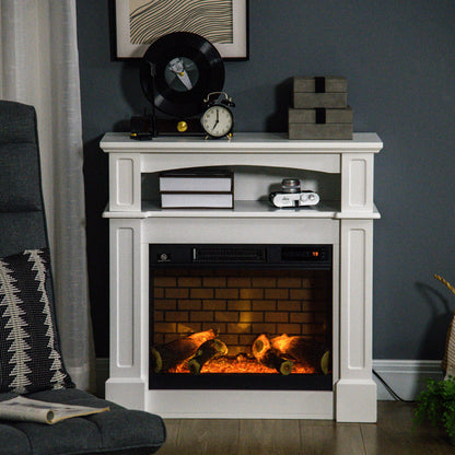 32" Electric Fireplace with Mantel, Freestanding Heater with LED Log Flame, Shelf and Remote Control, 700W/1400W, White