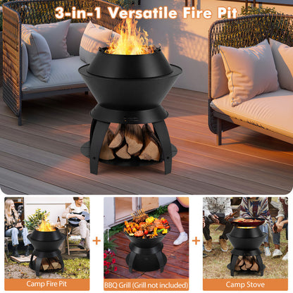 3-in-1 Efficient Cooking Fire Pit with Mesh Cover & Grill (23.2" x 23.2" x 23.6"), Black