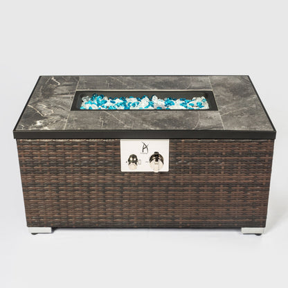 Outdoor Propane Fire Table with Ceramic Tile Top, 40,000 BTU, Dark Brown Wicker (32" W x 20" D x 16" H)