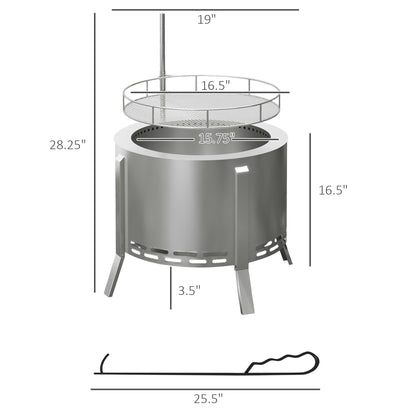 2-in-1 Smokeless Fire Pit and BBQ Grill (19" Dia x 16.5" H), Silver