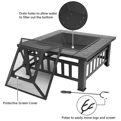 Square, Black, Courtyard Metal Fire Pit Table with Accessories (32" x 32" x 17")