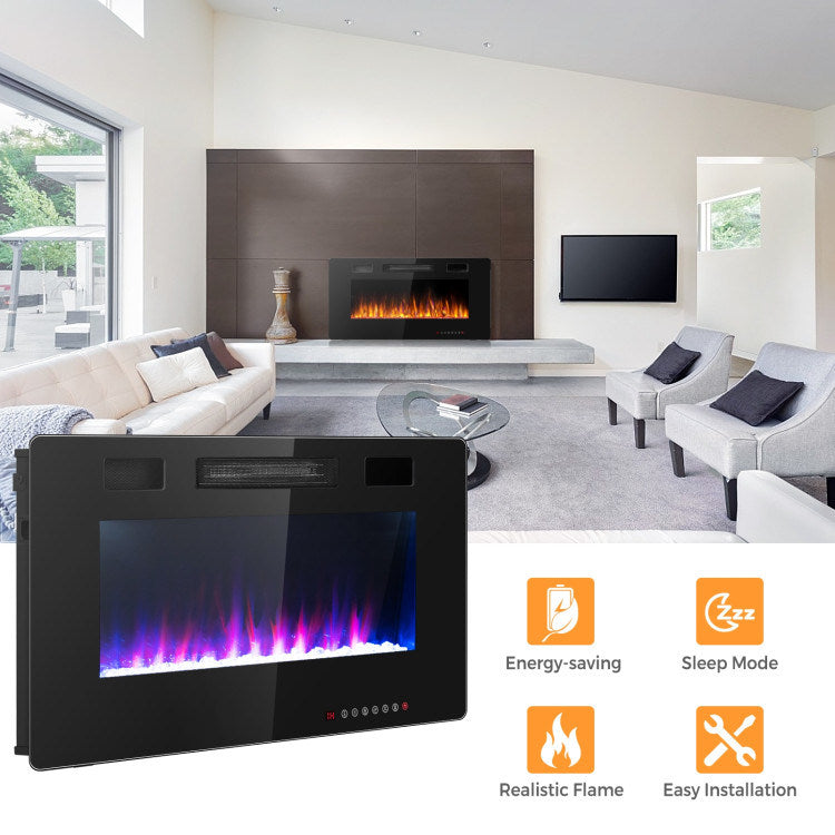 36" Ultra Thin Wall Mounted Electric Fireplace, 750W/1500W, Black