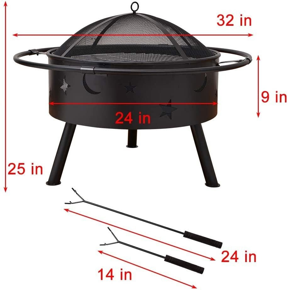 32" Outdoor Wood Burning Cooking Fire Pit with Spark Screen & Cover, Black