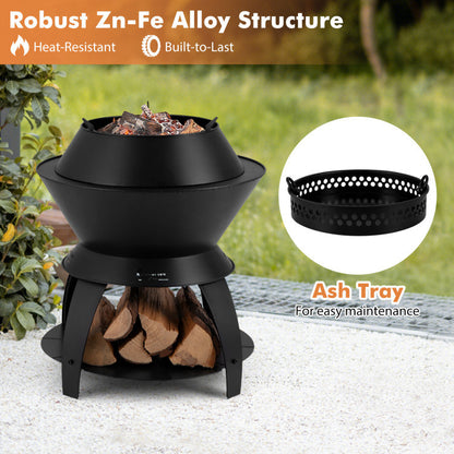 3-in-1 Efficient Cooking Fire Pit with Mesh Cover & Grill (23.2" x 23.2" x 23.6"), Black