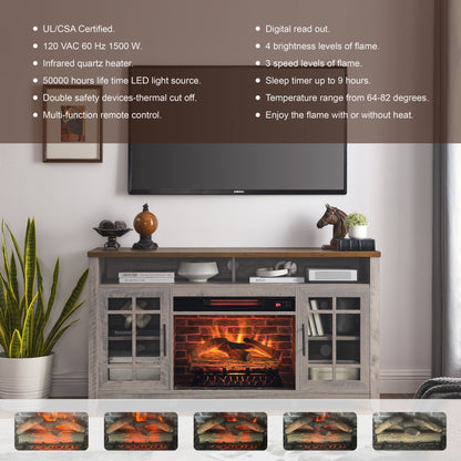 55" TV Media Stand with Electric Fireplace KD Inserts Heater, Gray Wash