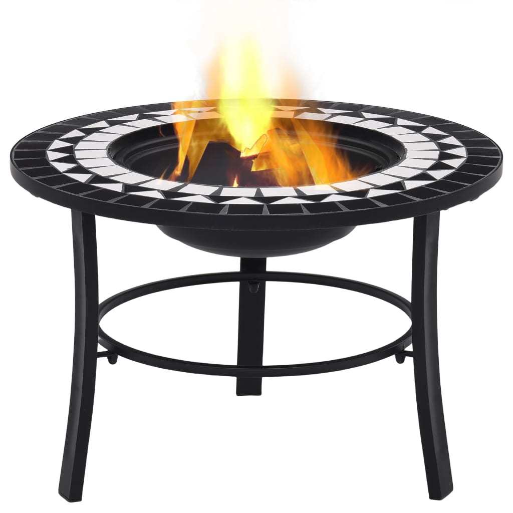 26.8" Black and White Mosaic Fire Pit with Ceramic Top, Steel Bowl