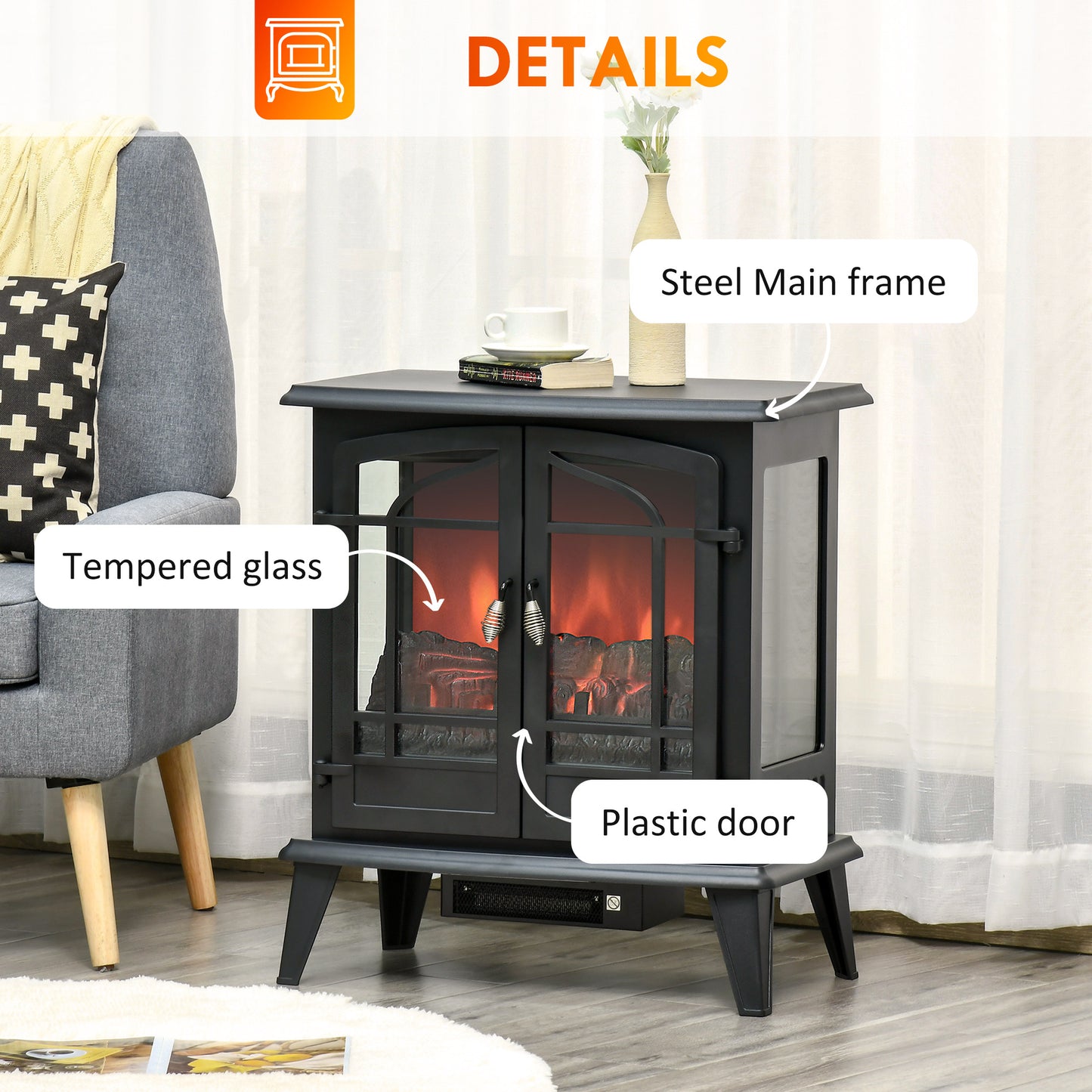 29" Electric Fireplace Heater, Freestanding Stove with Realistic LED Log Flames, Black